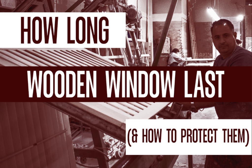 A craftsman in a workshop building a large wooden louvered shutter, featuring a red color filter and the text overlay "HOW LONG WOODEN WINDOW LAST (& HOW TO PROTECT THEM)".