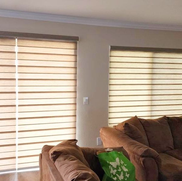 A cozy living room featuring a couch and a window with blinds and dual shades.