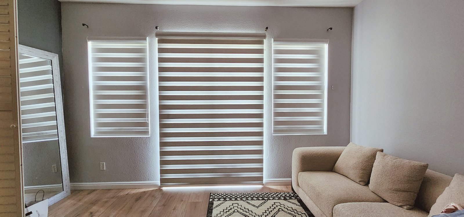 Interior of a living room featuring a sofa and closed window dual blinds