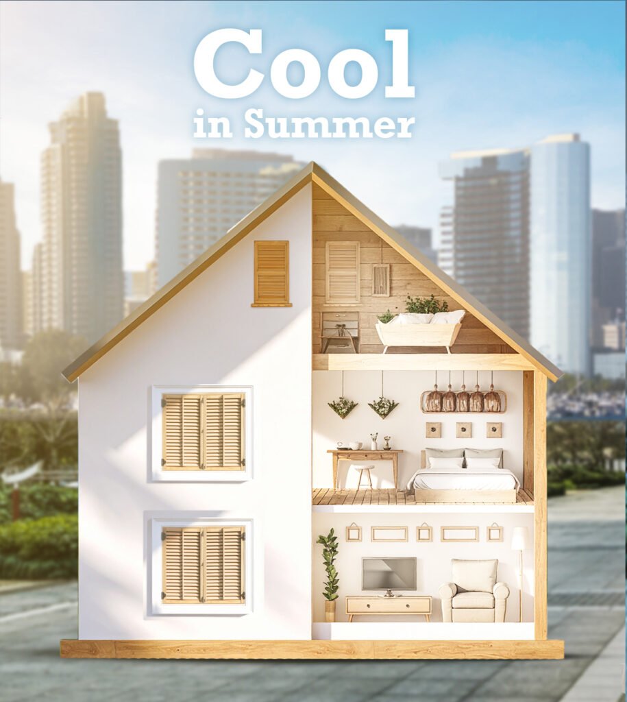 Illustration of a bright summer home interior featuring window shutters that help keep the house cool, showing cozy bedroom and living room spaces filled with natural light.