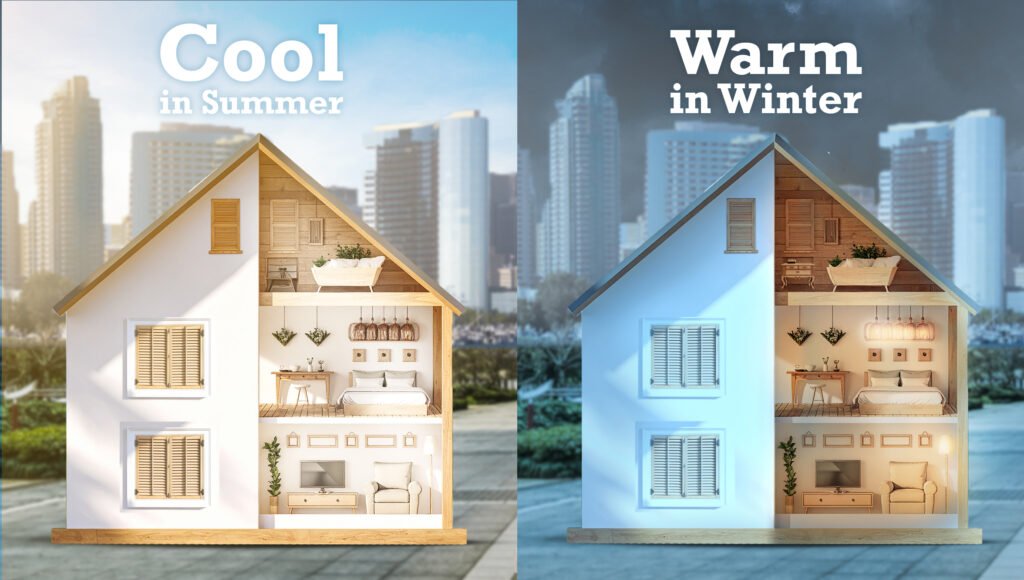 Side-by-side illustration of a house showing how window shutters keep interiors cool in summer and warm in winter, featuring bright daylight on one side and a cozy nighttime atmosphere on the other.