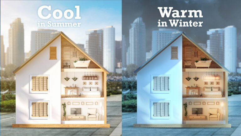 Side-by-side illustration of a house showing how window shutters keep interiors cool in summer and warm in winter, featuring bright daylight on one side and a cozy nighttime atmosphere on the other.