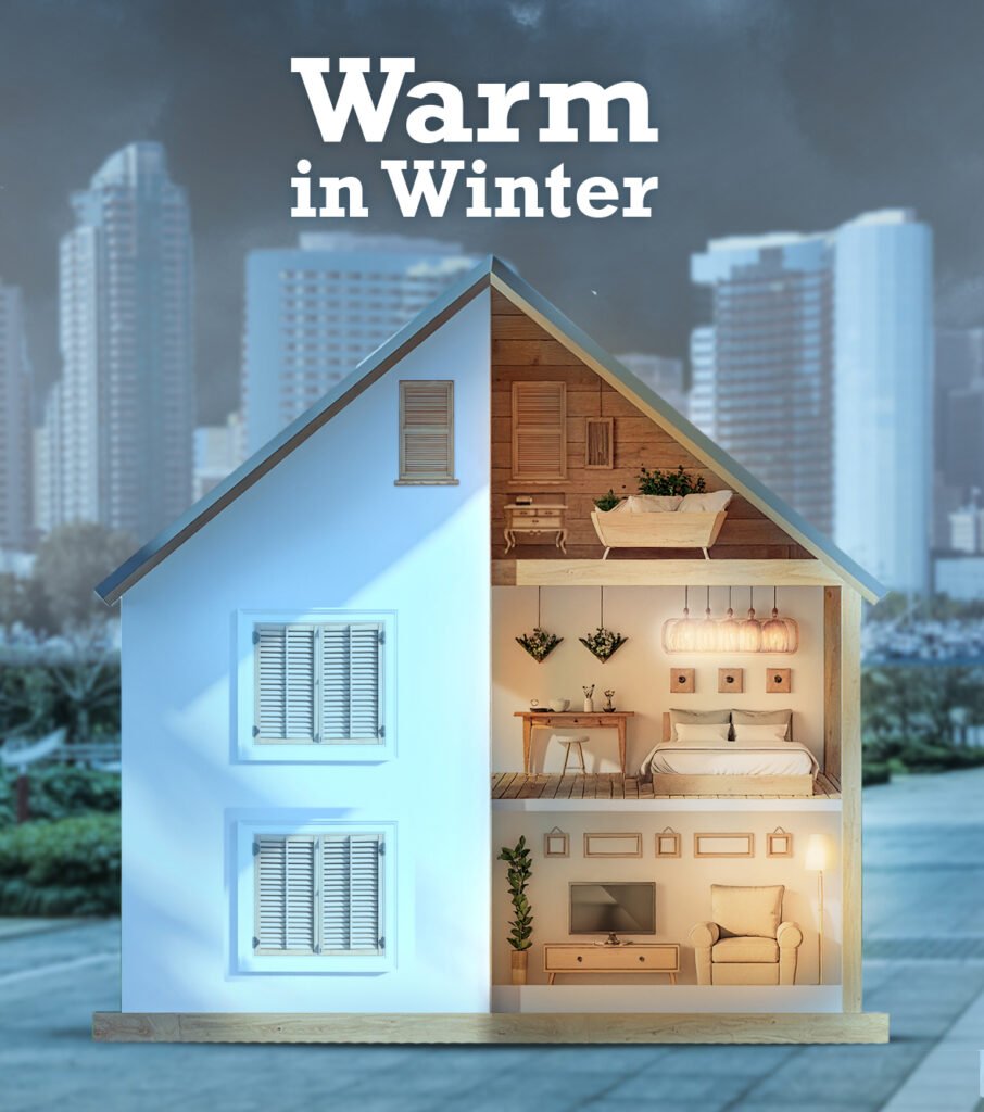 Illustration of a cozy home interior with window shutters keeping the house warm during winter, showing bedroom and living room spaces with soft lighting.
