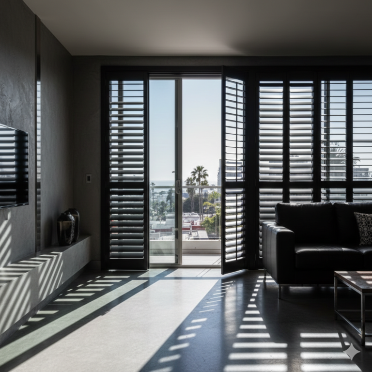 Modern matte black wood shutters providing high-contrast window treatment in a luxury San Diego apartment with white walls.