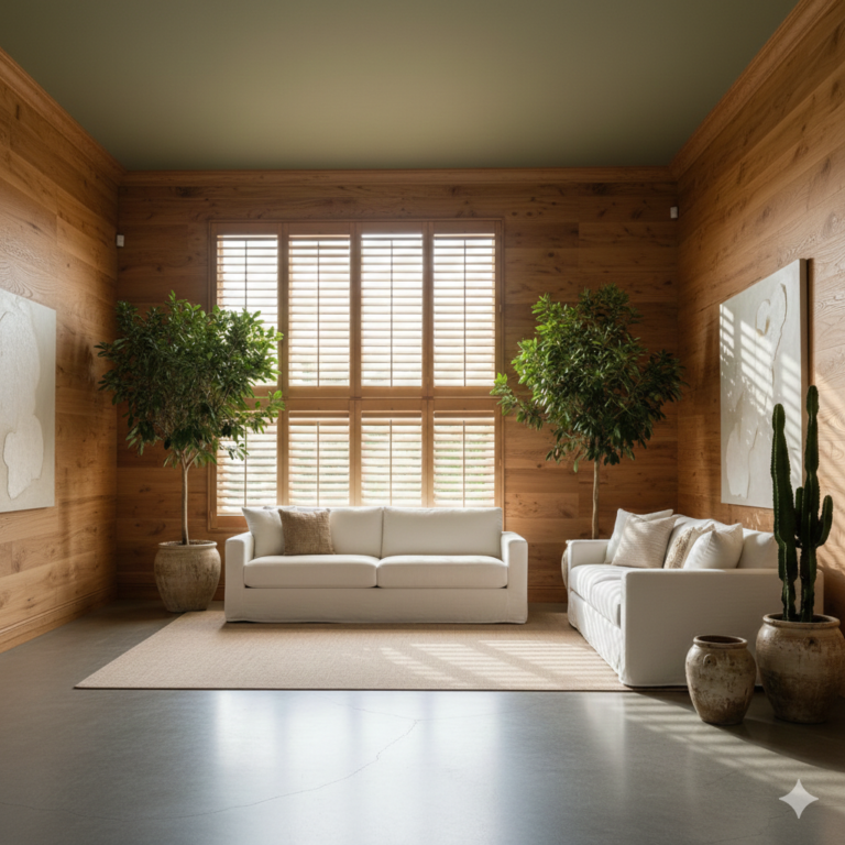 Close-up of 4-panel wood shutters for sliding glass doors with a natural oak stain, highlighting the authentic wood grain texture.