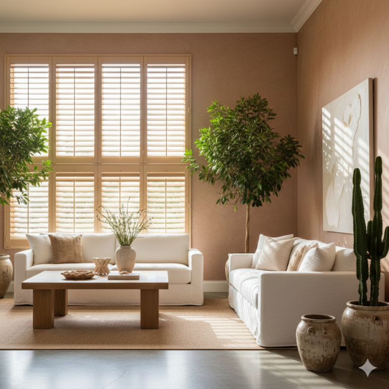 Custom basswood shutters in a sandy-beige earth tone installed in a luxury San Diego living room with natural sunlight filtering through.