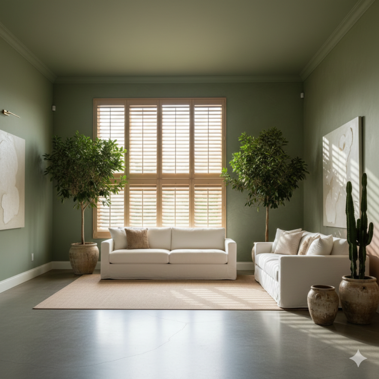 Seamless color drenching design featuring sage green interior louvered shutters matching the wall color in a modern home office.